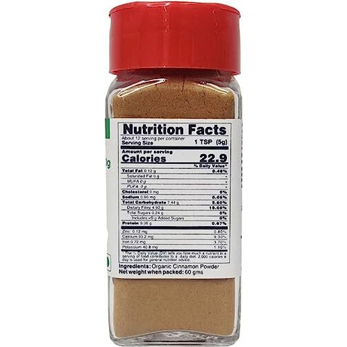 Pure Tree Certified Organic Dalchini Powder | 60 g | Glass Jar | Organic Cinnamon Powder | Dal Chini Powder Indian Spices Aroma & Flavour | Gluten Free Cineman Dalchini