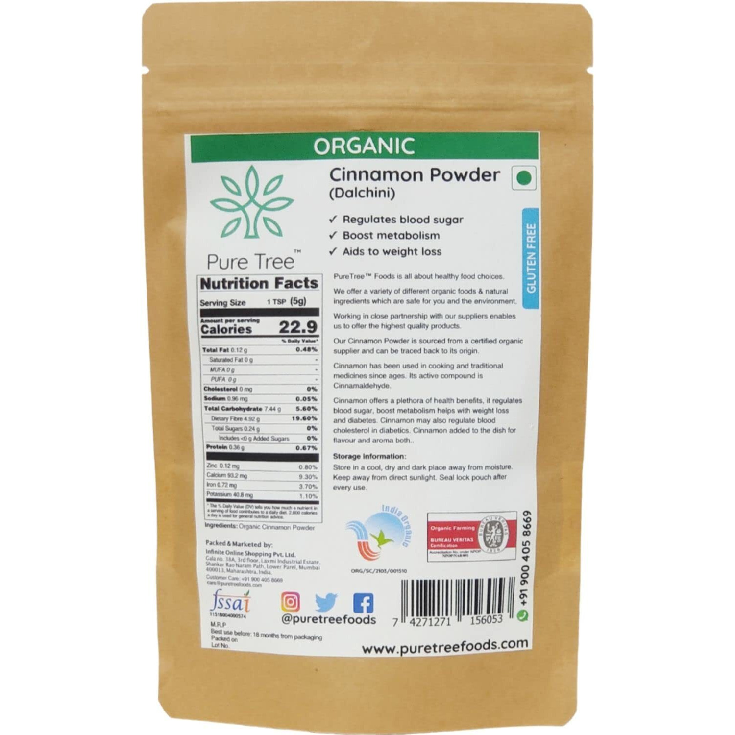 Pure Tree Certified Organic Dalchini Powder | 100 Gm | Organic Cinnamon Powder | Dal Chini Powder Indian Spices Aroma & Flavour | Gluten Free Cineman Dalchini