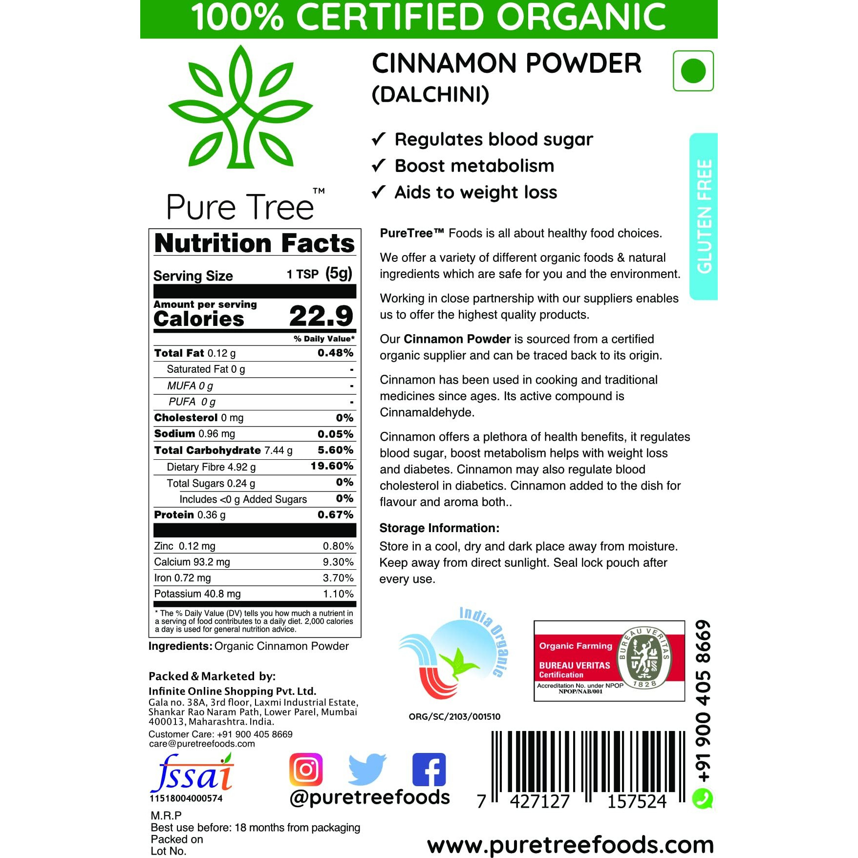 Pure Tree Certified Organic Dalchini Powder | 250 g | Organic Cinnamon Powder | Dal Chini Powder Indian Spices Aroma & Flavour | Gluten Free Cineman Dalchini