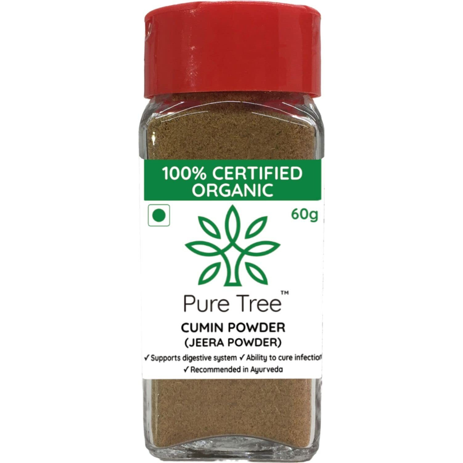 Pure Tree Certified Organic Jeera Powder | 60 g | Glass Jar | Jeelakarra | Zeera Powder | Cumin Powder | Organic Spices | Boost Immunity | Adds Flavor to Curries & Veg