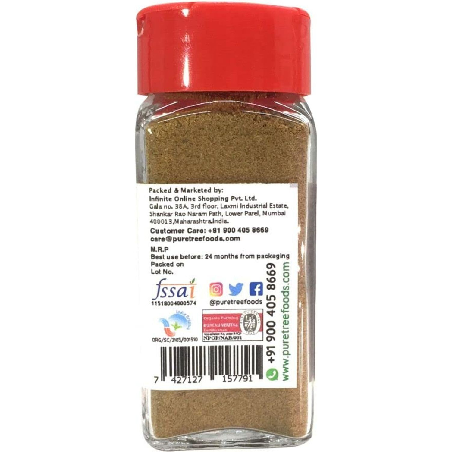 Pure Tree Certified Organic Jeera Powder | 60 g | Glass Jar | Jeelakarra | Zeera Powder | Cumin Powder | Organic Spices | Boost Immunity | Adds Flavor to Curries & Veg