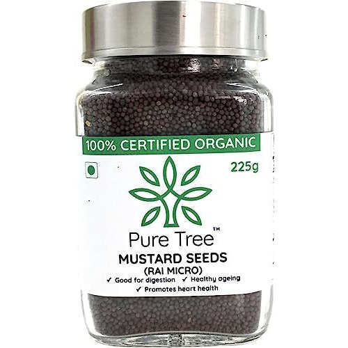 Pure Tree Certified Organic Mustard Seeds Small | 225 g | Glass Jar | Black Small Mustard Rai Seeds Small | Sasive seeds Whole Kali Rai Dana | Sarson dana Indian Spice Gluten Free