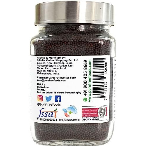 Pure Tree Certified Organic Mustard Seeds Small | 225 g | Glass Jar | Black Small Mustard Rai Seeds Small | Sasive seeds Whole Kali Rai Dana | Sarson dana Indian Spice Gluten Free