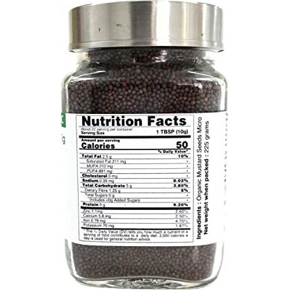 Pure Tree Certified Organic Mustard Seeds Small | 225 g | Glass Jar | Black Small Mustard Rai Seeds Small | Sasive seeds Whole Kali Rai Dana | Sarson dana Indian Spice Gluten Free