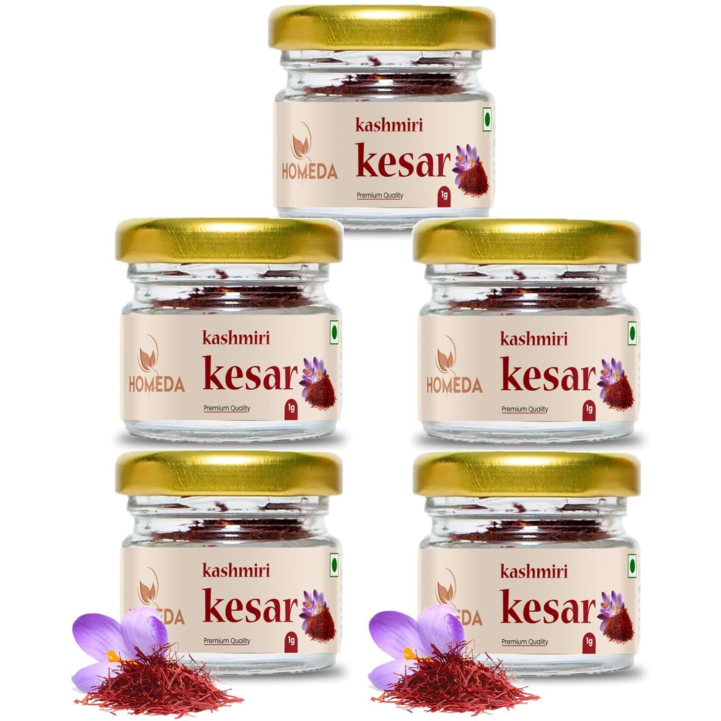 Homeda Kesar Saffron Original 5G / Pure Saffron Original Kashmiri | Kumkuma Puvvu, Keshar Safron, Kungumapoo For Pregnant Women, Keser, Kaser, Kesor, Grade A (5 Packs Of 1Gm)