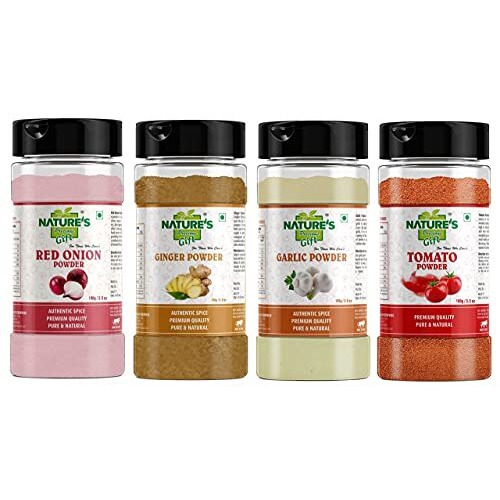 NATURES Precious Gift Onion Powder 100 gm, Ginger Powder (Adrak/Sunth) 100 gm, Garlic Powder 100 gm, Tomato Powder 100 gm - for Cooking & Seasoning, Pure & Natural Powder - [Super Saver Combo Pack]