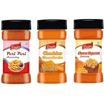 Desire Cheddar Cheese Powder, Cheese Popcorn Seasoning Powder, Peri Peri Masala (Seasoning Combo) 100g Each