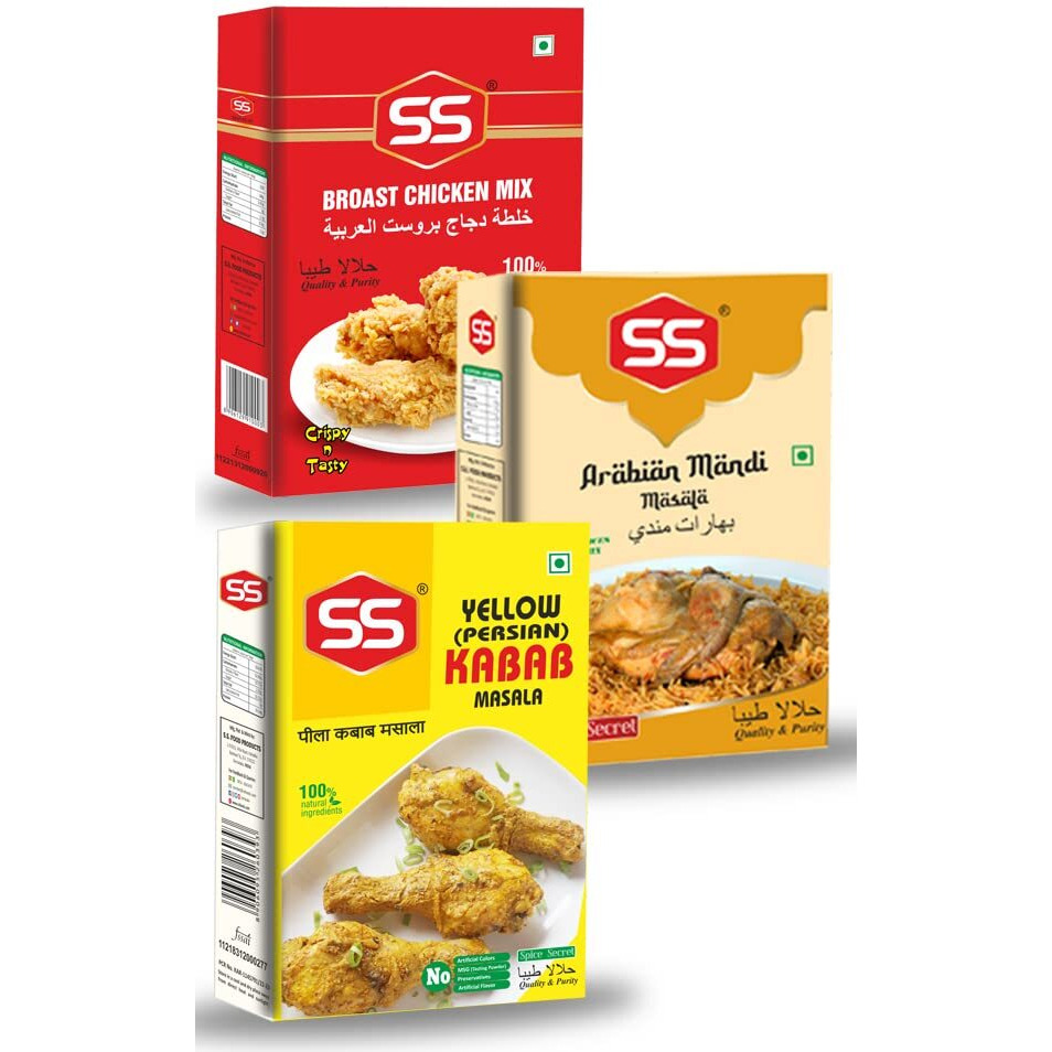 SS Masalas Broasted Chicken Mix, Arabian Mandi Masala and Yellow Persian Kabab Powder 100g each Combo Pack