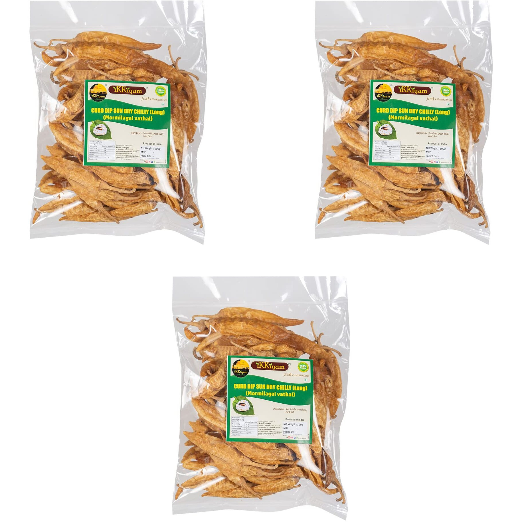 Ikkiyam Curd Dip Sun Dry long Chilly | MorMilagai Vathal | Premium & Organic Chillis | Dahi Mirchi | Thayyir Chilli | Pure & Natural Spicy Chillys | Deliciously Meal | Pack of 3 | 100 gram each