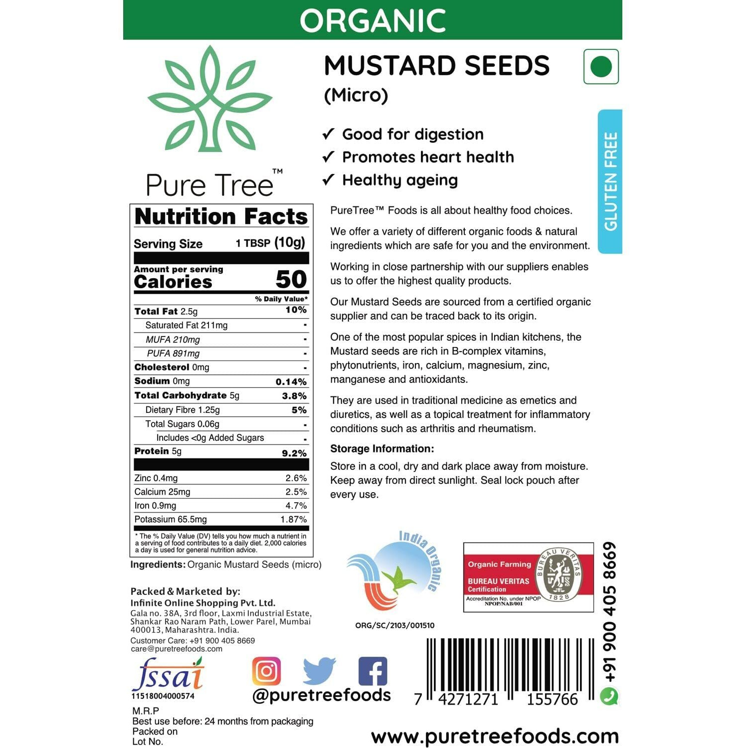 Pure Tree Certified Organic Mustard Seeds Small | 250 g | Black Small Mustard Rai Seeds Small | Sasive seeds Whole Kali Rai Dana | Sarson dana Indian Spice Gluten Free | Pack Of 2
