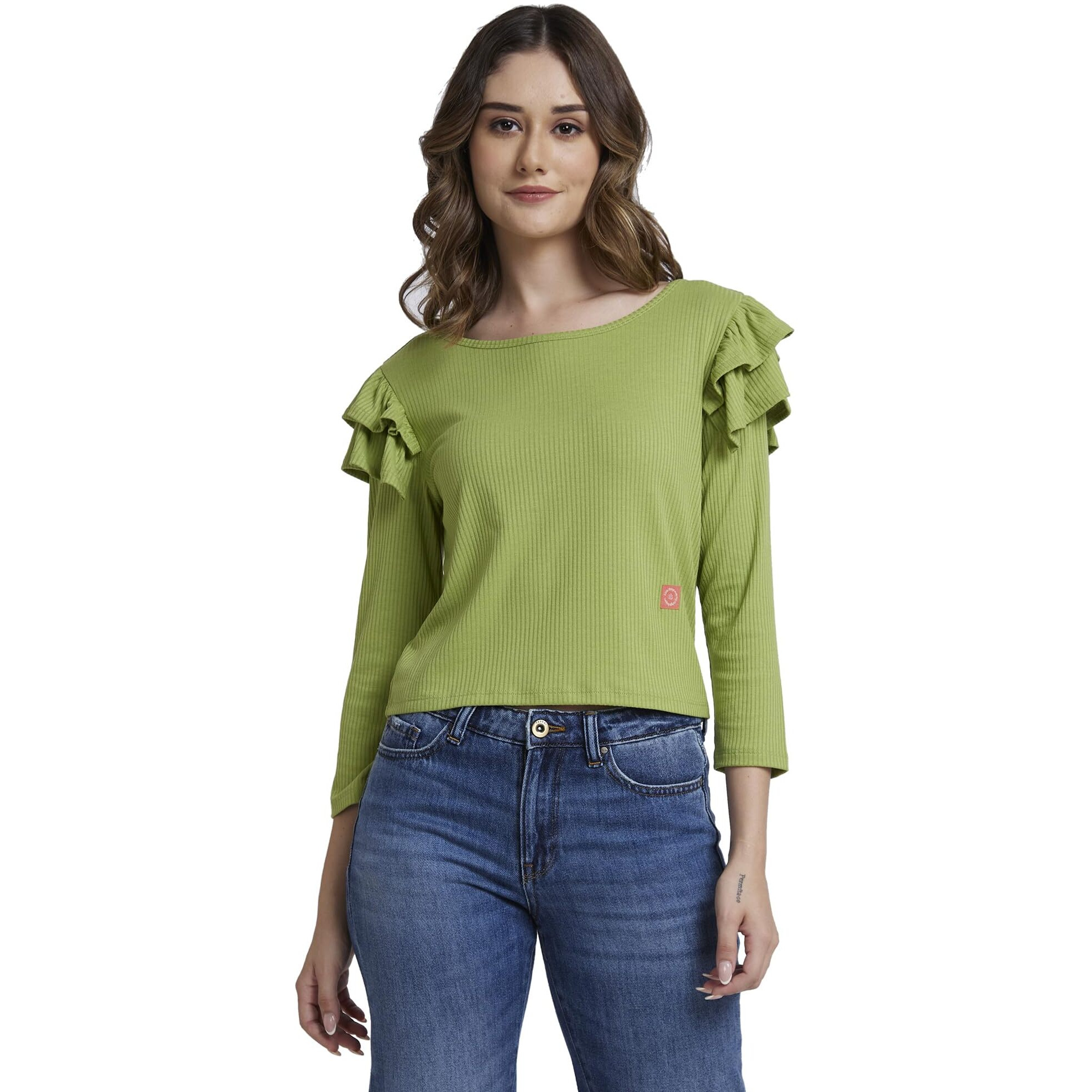Spykar Women Bay Leaf Blended Regular Fit Full Sleeve Round Neck Plain Tshirt