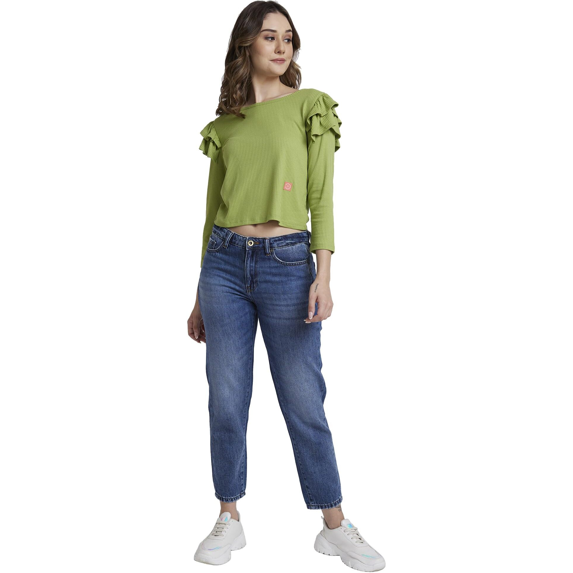Spykar Women Bay Leaf Blended Regular Fit Full Sleeve Round Neck Plain Tshirt