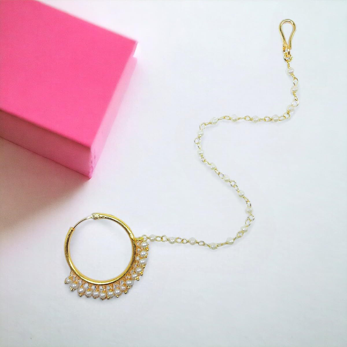 ACCESSHER Gold Plated Pearl Nose Ring/nath with Chain for Women