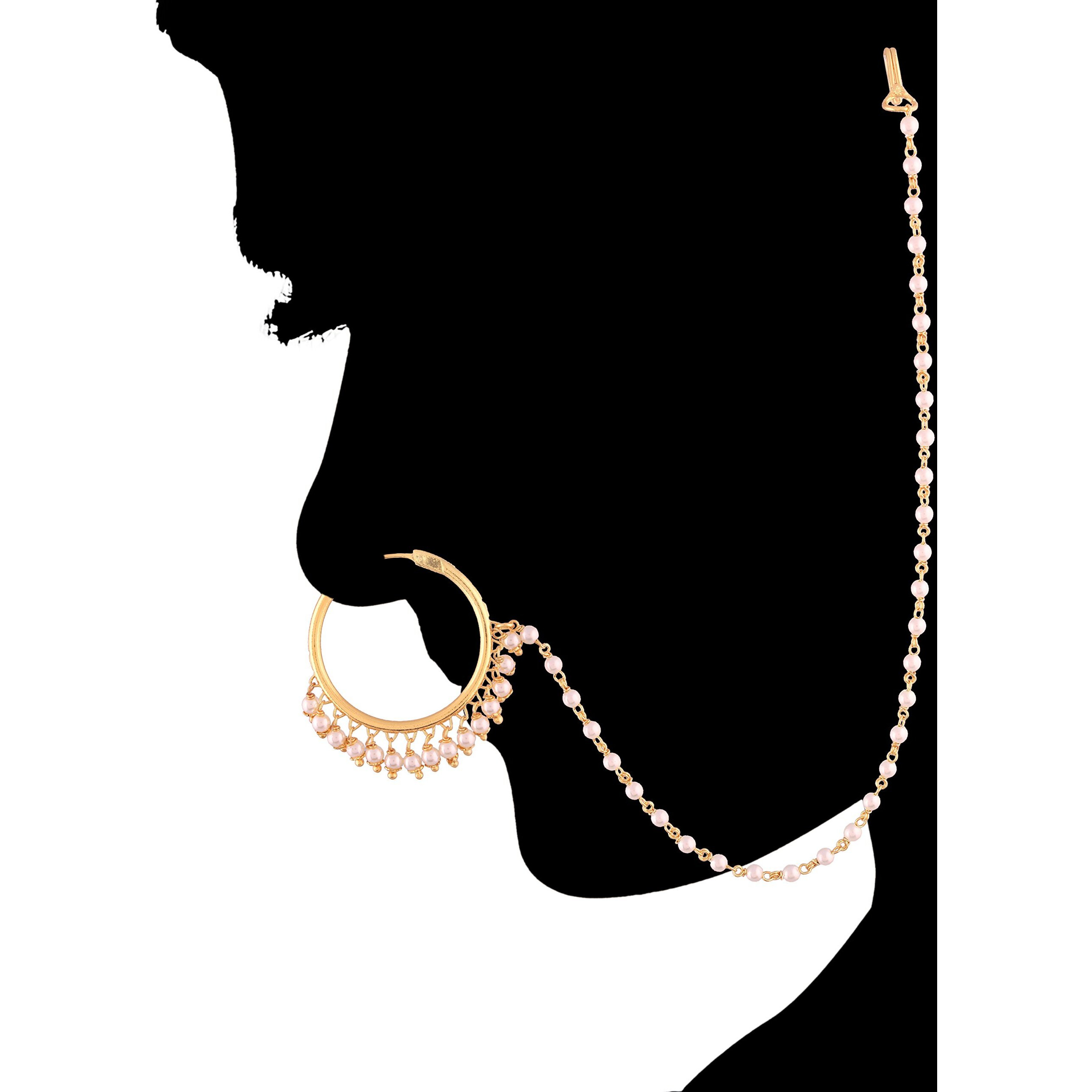 ACCESSHER Gold Plated Pearl Nose Ring/nath with Chain for Women