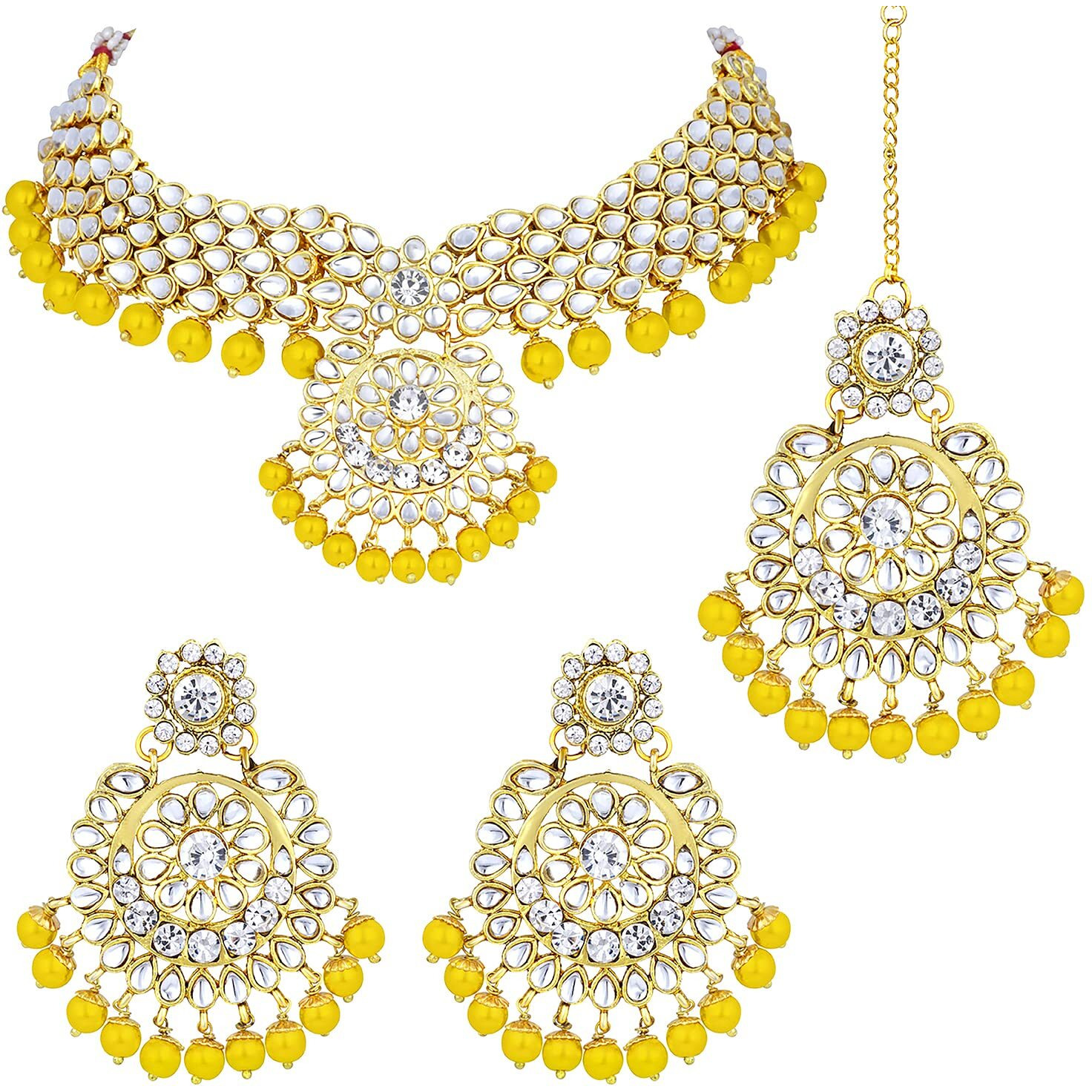Peora Indian Traditional 18K Gold Plated Kundan Bead Choker Necklace with Earring Mangtikka Jewellery Set for Women Girls
