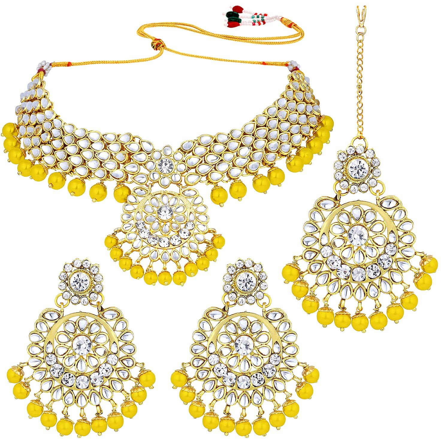 Peora Indian Traditional 18K Gold Plated Kundan Bead Choker Necklace with Earring Mangtikka Jewellery Set for Women Girls