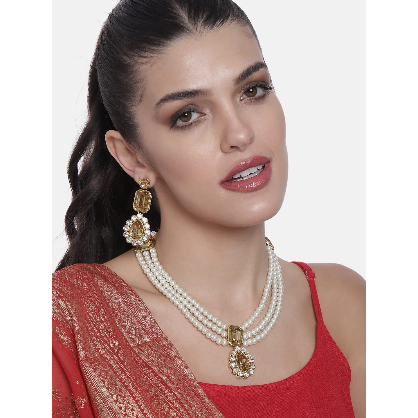 Peora Gold Plated Kundan Long Necklace Earring Indian Traditional Jewellery Set for Women