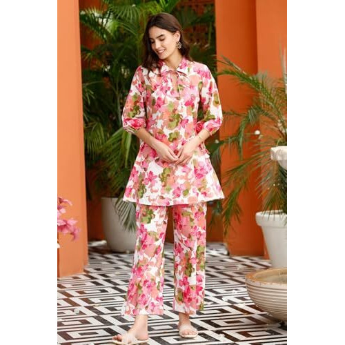 GRECIILOOKS Women's RAYON ETHNIC CO-ORD SET Standard Length Kurta (GL-W1938&TR960_PINK_M)