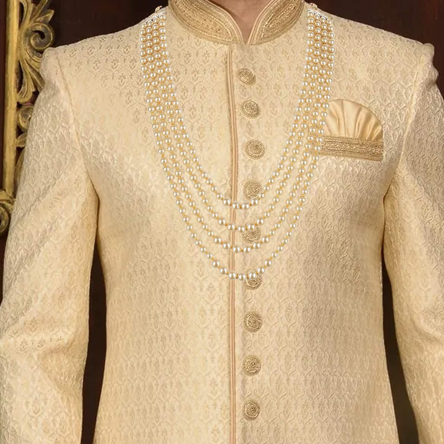 Lucky Jewellery Designer Wedding Multi Strand Golden Color Dulha Har Layered Pearl Maharaja Haar Groom Necklace Set for Men (475-M6DM-1021-LCT)