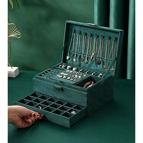 LEXSO Large Jewellery Organiser with Drawer 3-Layer Velvet Jewellery Boxes/Jewellery Storage Case with Lock for Rings, Necklace And Earrings/Wedding Birthday Gift Box for Women (Green)