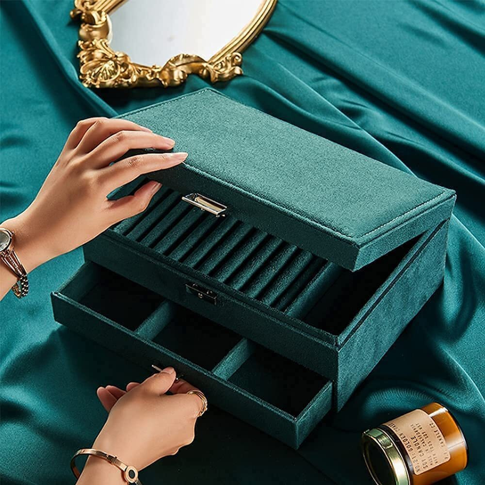 LEXSO Large Jewellery Organiser with Drawer 3-Layer Velvet Jewellery Boxes/Jewellery Storage Case with Lock for Rings, Necklace And Earrings/Wedding Birthday Gift Box for Women (Green)