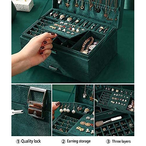 LEXSO Large Jewellery Organiser with Drawer 3-Layer Velvet Jewellery Boxes/Jewellery Storage Case with Lock for Rings, Necklace And Earrings/Wedding Birthday Gift Box for Women (Green)