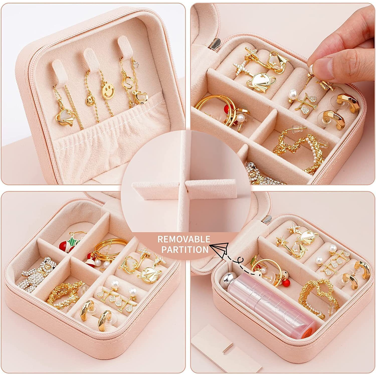 SGMVK Jewellery Organiser PU Leather Zipper Portable Storage Box Case with Dividers Mini Jewelry Organizer Box for Women Travel Ring, Pendant, Earring, Necklace Storage Case (MULTICOLOR) (SQUARE)