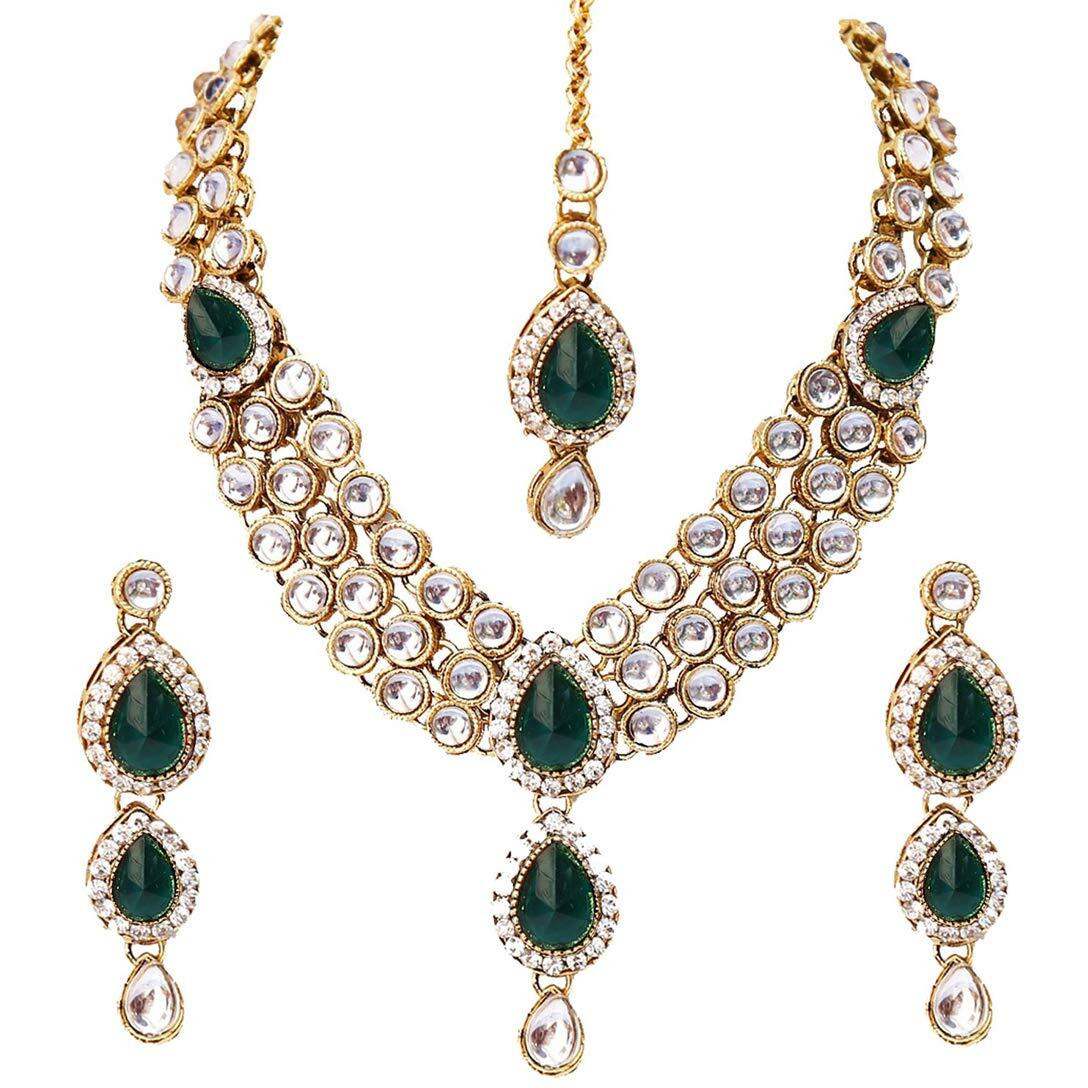 Shining Diva Fashion Green Kundan Traditional Jewellery Necklace Set with Earrings for Women (8648s)