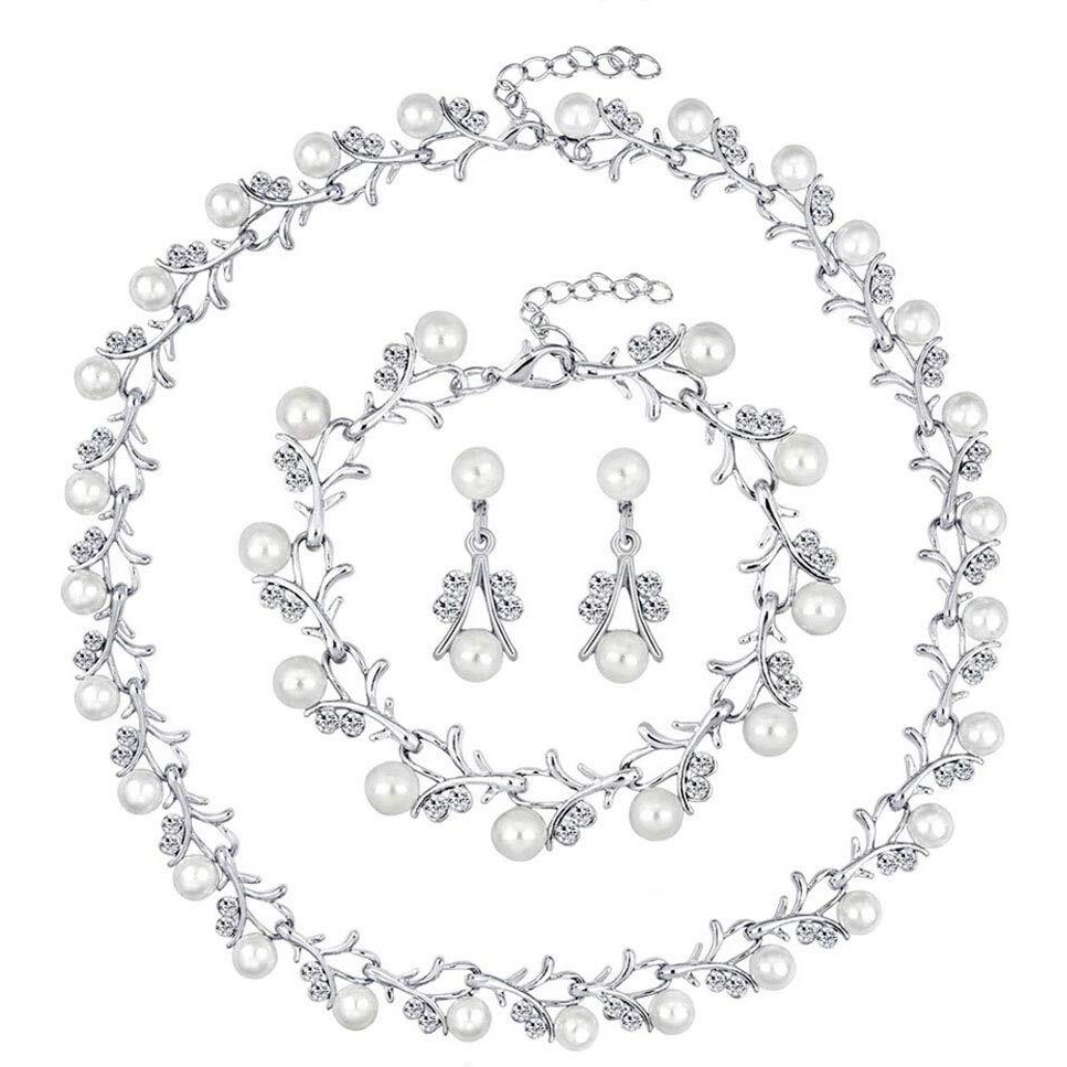 Shining Diva Latest Combo Design Silver Plated Pearl Necklace Earrings Bracelet Jewellery Set for Women (Design04-silver) (12040s)