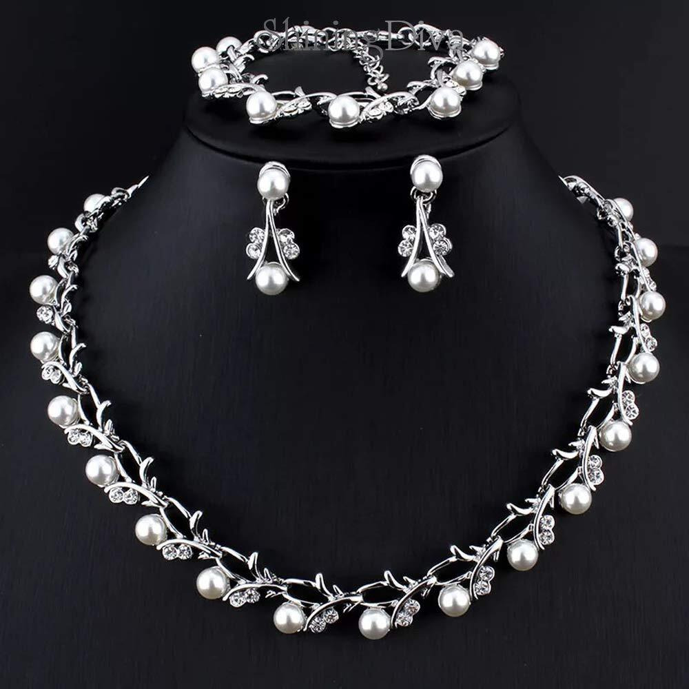Shining Diva Latest Combo Design Silver Plated Pearl Necklace Earrings Bracelet Jewellery Set for Women (Design04-silver) (12040s)