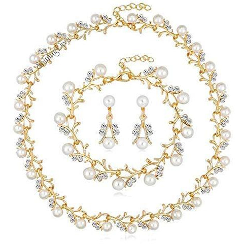 Shining Diva Latest Combo Design Gold Plated Pearl Necklace Earrings Bracelet Jewellery Set for Women (Design04-gold) (rrsd10333s)