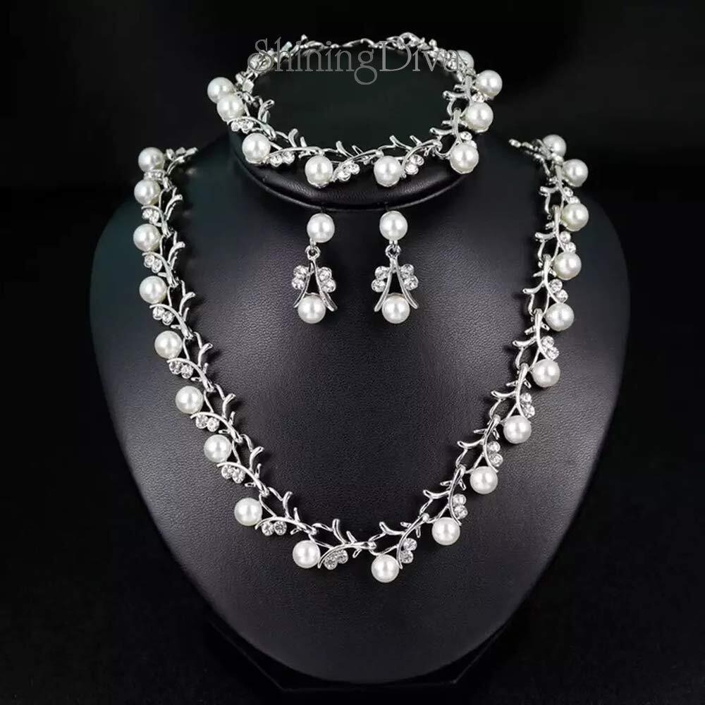 Shining Diva Fashion Latest Stylish Silver Plated Pearl Necklace Earrings Bracelet Jewellery Set for Women and Girls (sd12040s)