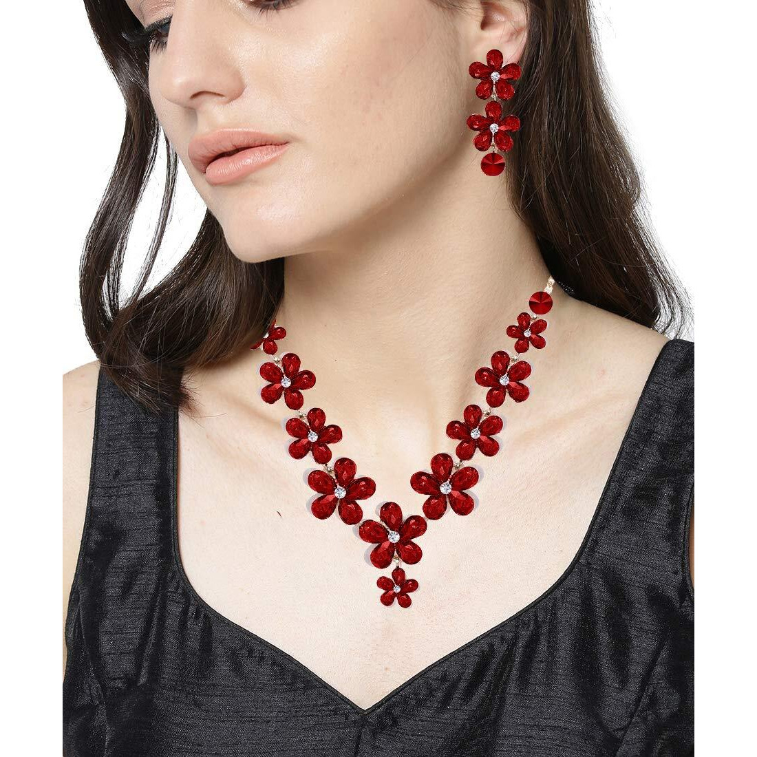 YouBella Jewellery Sets for Women Crystal Necklace Jewellery set with Earrings For Girls/Women (Red)