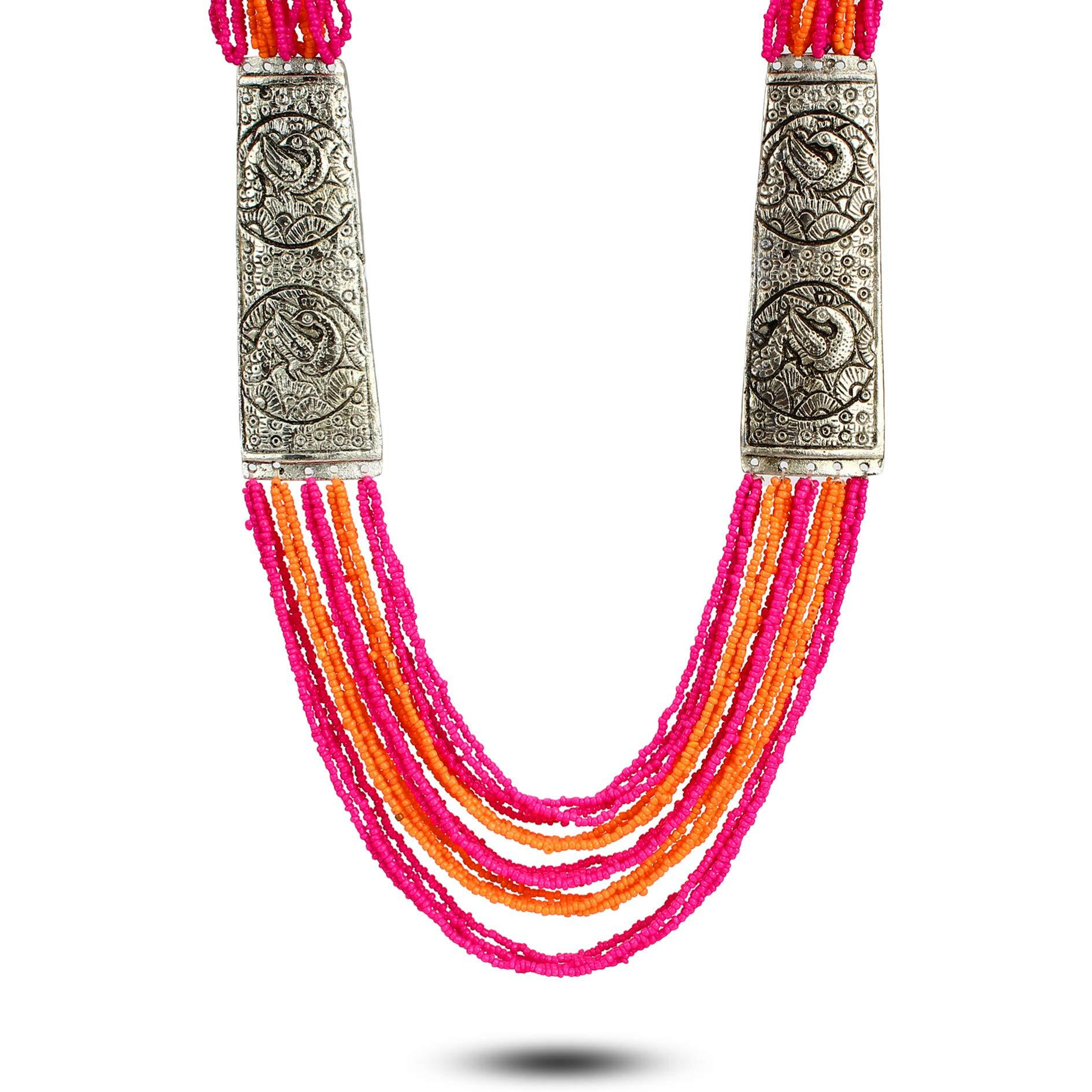 YouBella Fashion Jewellery Antique German Silver Oxidised Plated Tribal Cotton Thread Jewellery Necklace Earring Set for Women & Girls.(Valentine Gift Special). (Pink)
