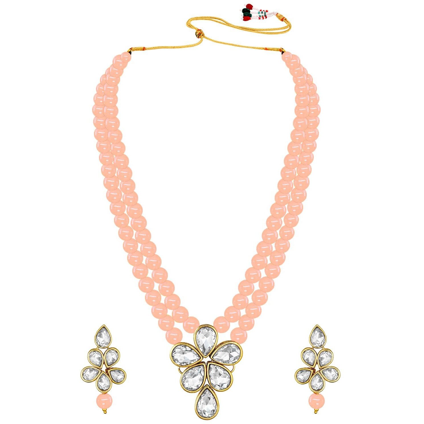 Peora Crystal Faux Pearl Brass Alloy Long Necklace with Drop Earrings Traditional Ethnic Jewellery Set for Women & Girls (Peach)