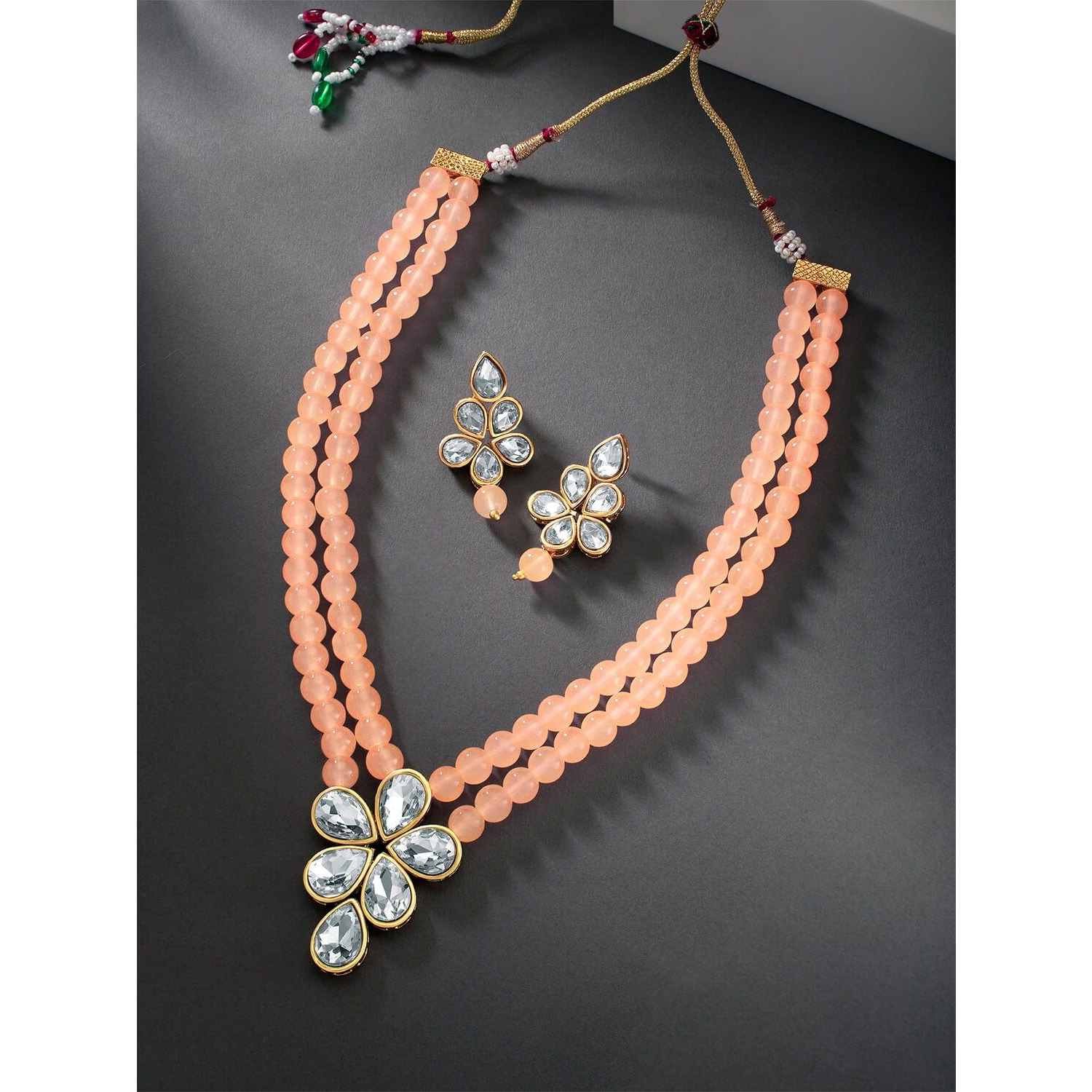 Peora Crystal Faux Pearl Brass Alloy Long Necklace with Drop Earrings Traditional Ethnic Jewellery Set for Women & Girls (Peach)