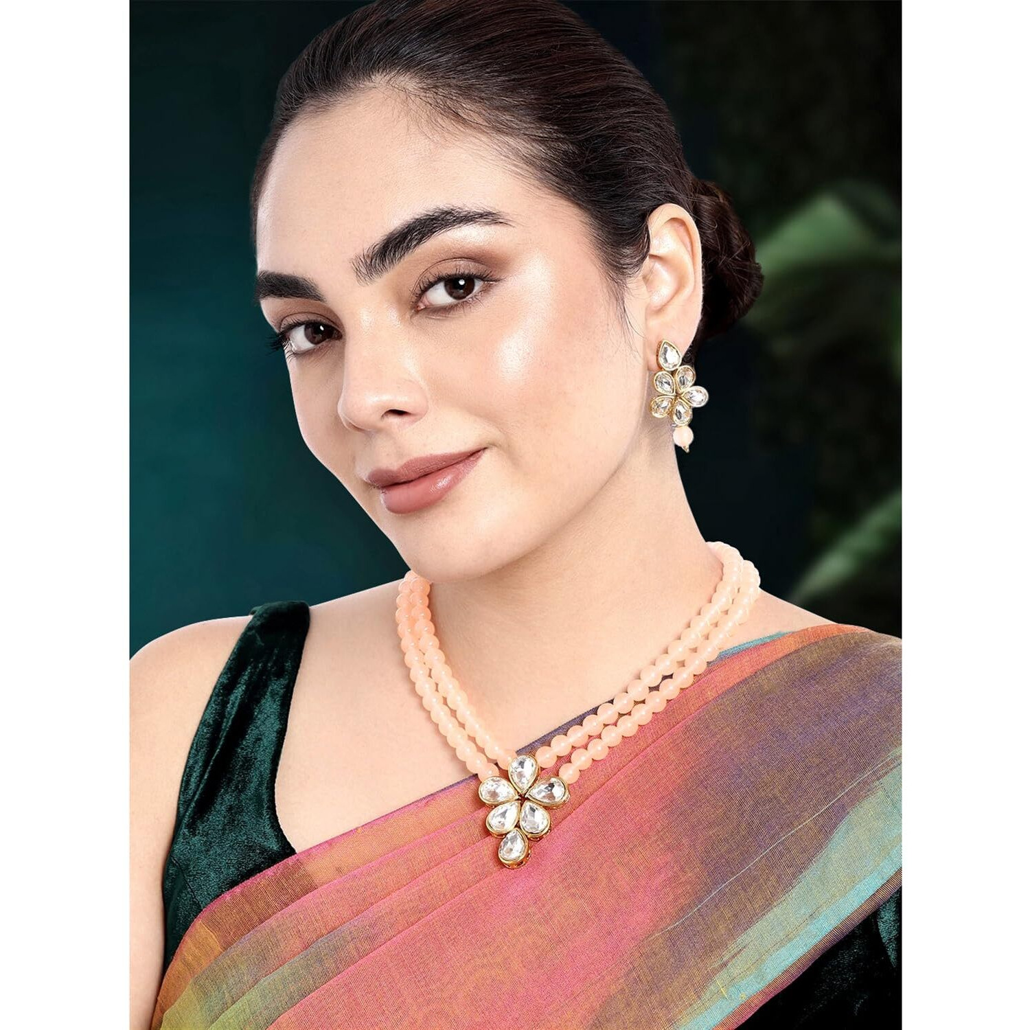 Peora Crystal Faux Pearl Brass Alloy Long Necklace with Drop Earrings Traditional Ethnic Jewellery Set for Women & Girls (Peach)