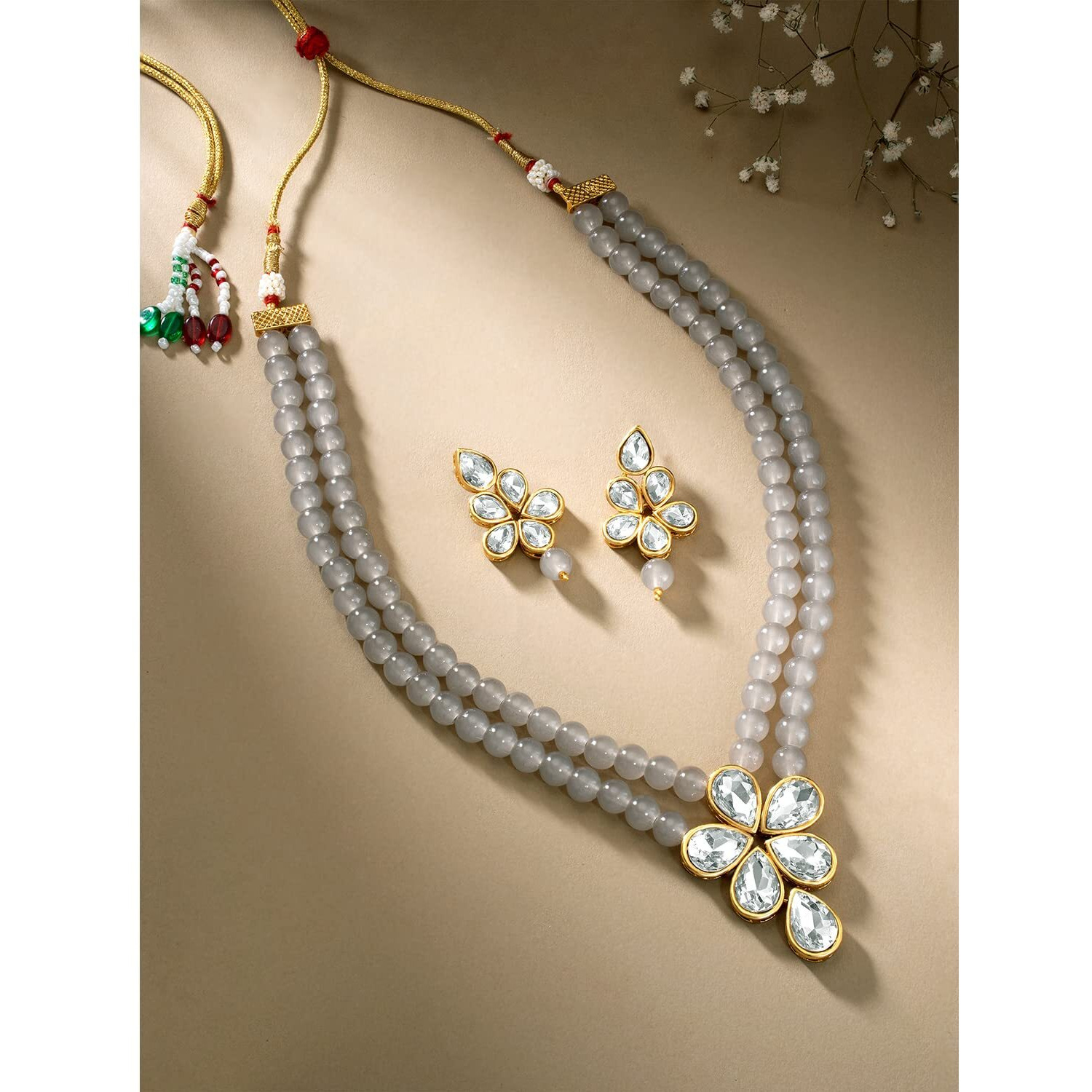 Peora Crystal Faux Pearl Long Necklace with Drop Earrings Traditional Ethnic Jewellery Set for Women & Girls (Grey)