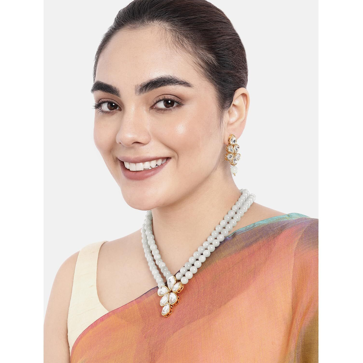 Peora Crystal Faux Pearl Long Necklace with Drop Earrings Traditional Ethnic Jewellery Set for Women & Girls (Grey)