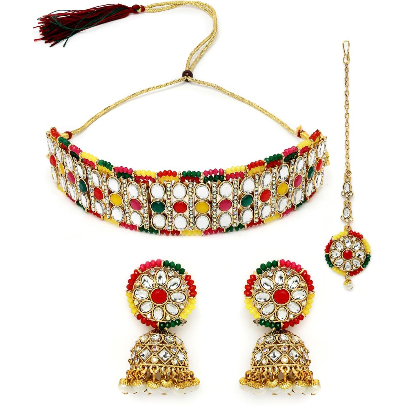 Sukkhi Sporty Gold Plated Multi Kundan & Beads Choker Necklace Set With Jhumki Earring And Maangtika | Jewellery Set For Women (NS105519)