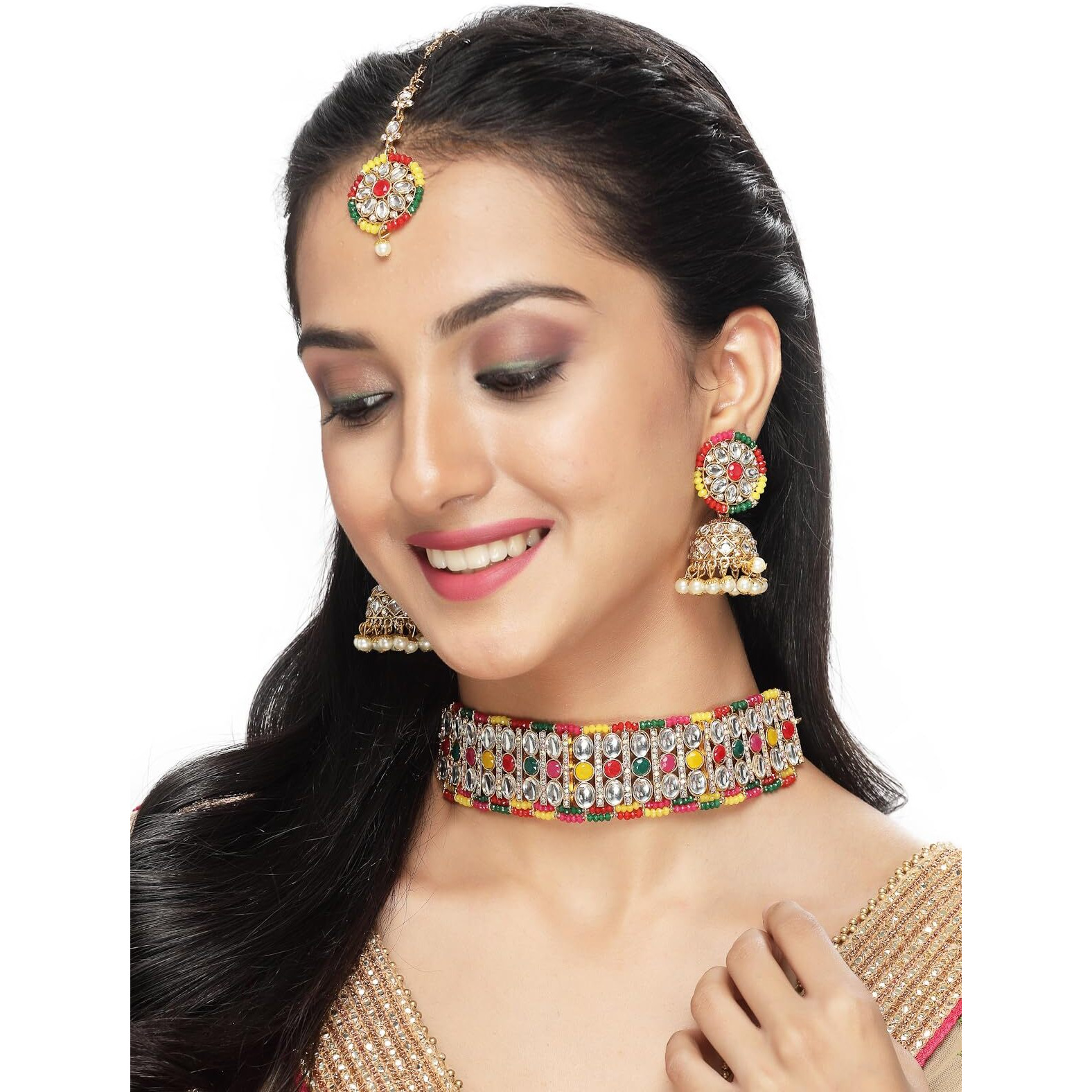 Sukkhi Sporty Gold Plated Multi Kundan & Beads Choker Necklace Set With Jhumki Earring And Maangtika | Jewellery Set For Women (NS105519)