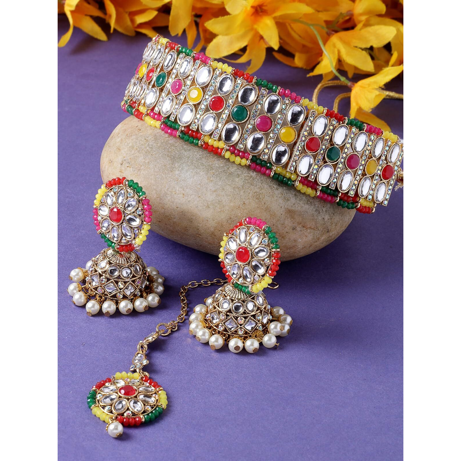 Sukkhi Sporty Gold Plated Multi Kundan & Beads Choker Necklace Set With Jhumki Earring And Maangtika | Jewellery Set For Women (NS105519)