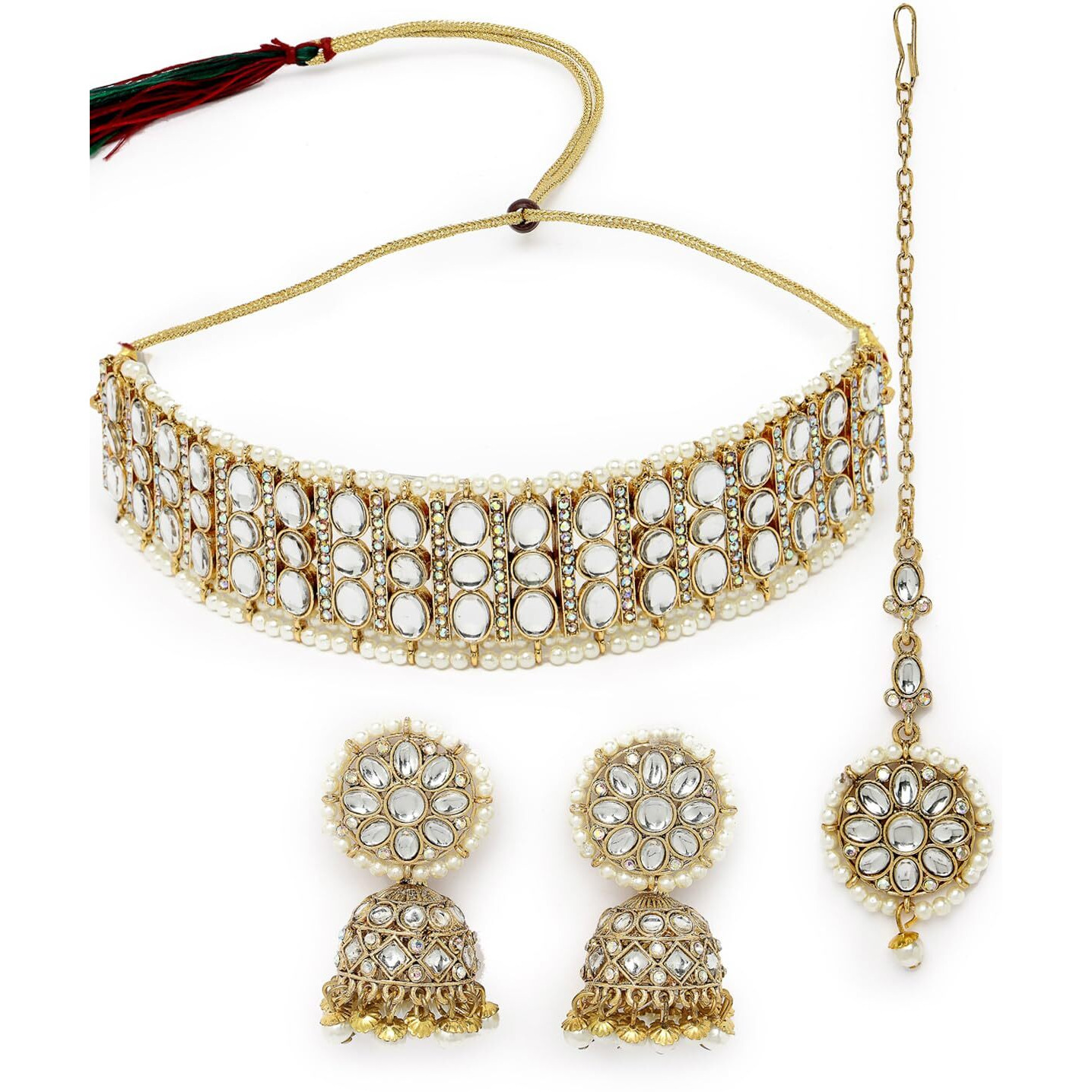Sukkhi Sporty Gold Plated White Kundan & Beads Choker Necklace Set With Jhumki Earring And Maangtika | Jewellery Set For Women (NS105521)