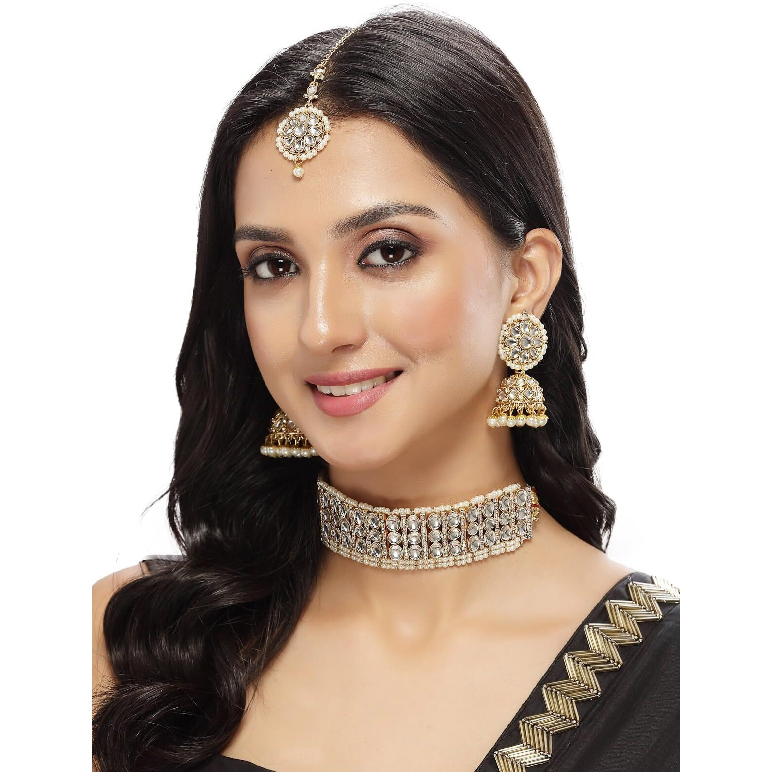 Sukkhi Sporty Gold Plated White Kundan & Beads Choker Necklace Set With Jhumki Earring And Maangtika | Jewellery Set For Women (NS105521)