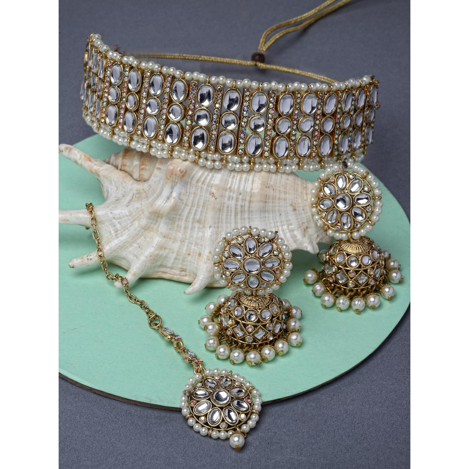 Sukkhi Sporty Gold Plated White Kundan & Beads Choker Necklace Set With Jhumki Earring And Maangtika | Jewellery Set For Women (NS105521)