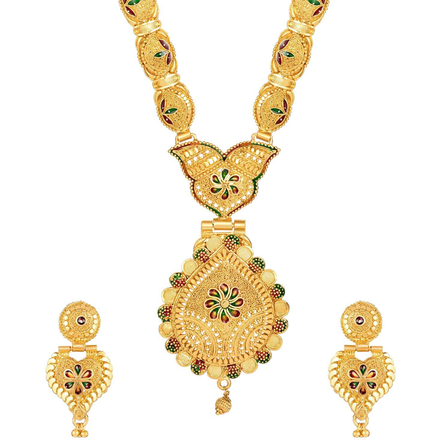 Shining Diva Fashion Latest Long Design Necklace Set For Women Traditional One Gram Gold Plated Jewellery Set for Women (Golden) (11503s)