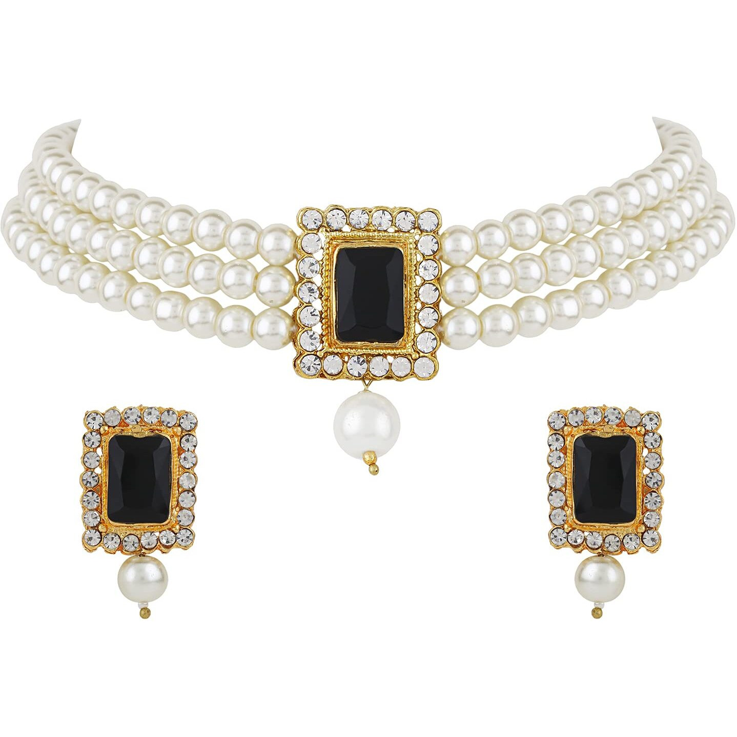 Shining Diva Fashion Latest Stylish Choker Traditional Pearl Necklace Jewellery Set for Women (Black)(A12683s), One
