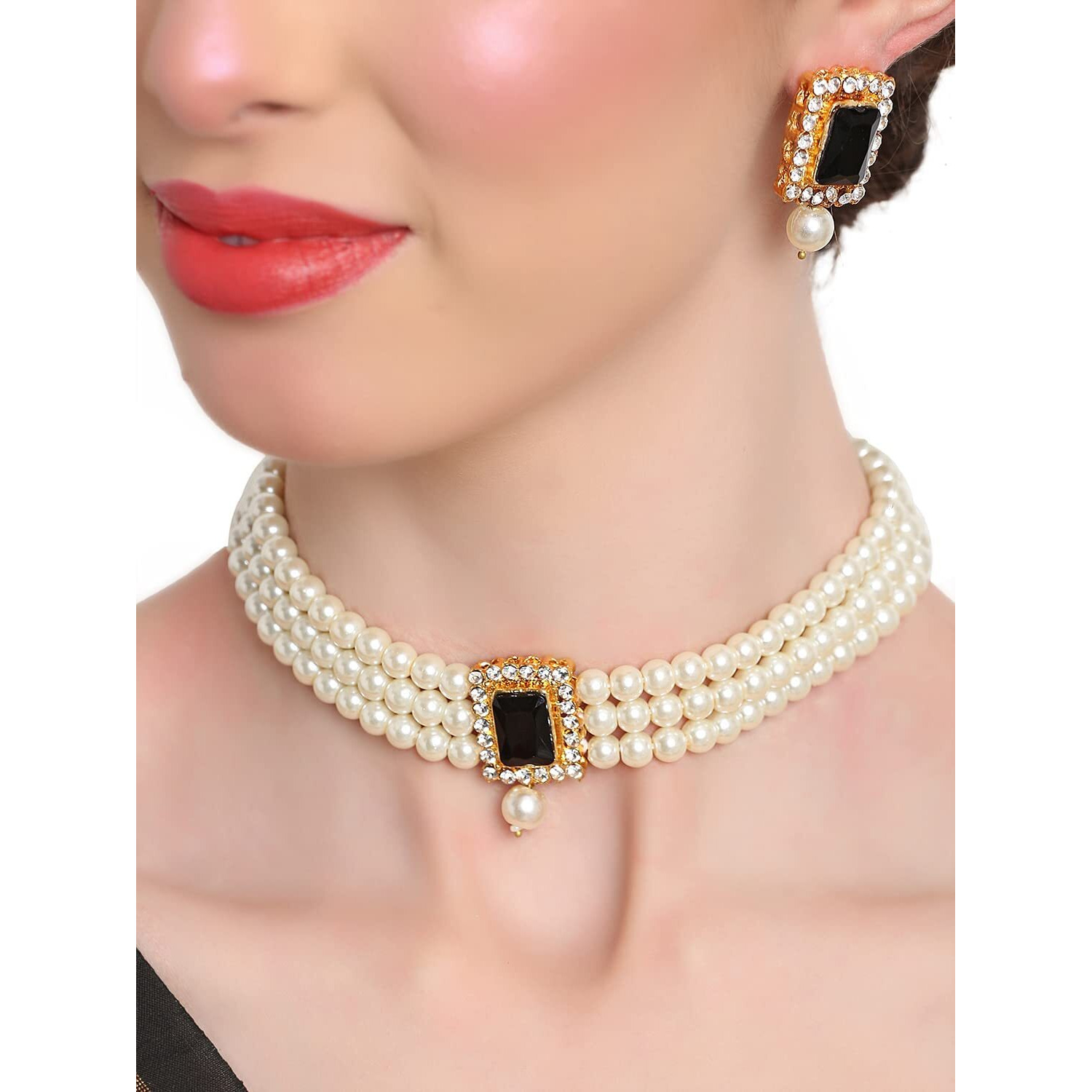 Shining Diva Fashion Latest Stylish Choker Traditional Pearl Necklace Jewellery Set for Women (Black)(A12683s), One