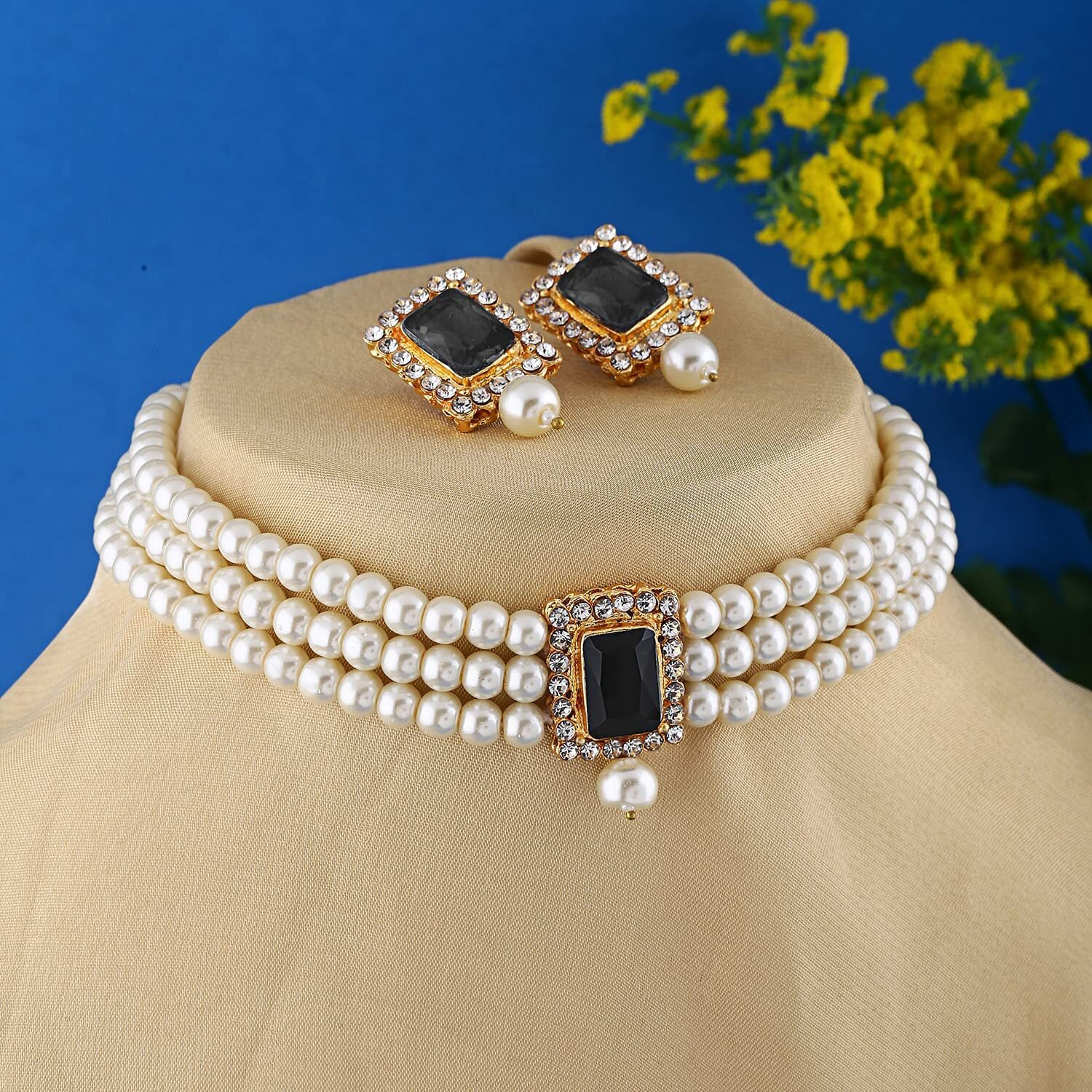 Shining Diva Fashion Latest Stylish Choker Traditional Pearl Necklace Jewellery Set for Women (Black)(A12683s), One