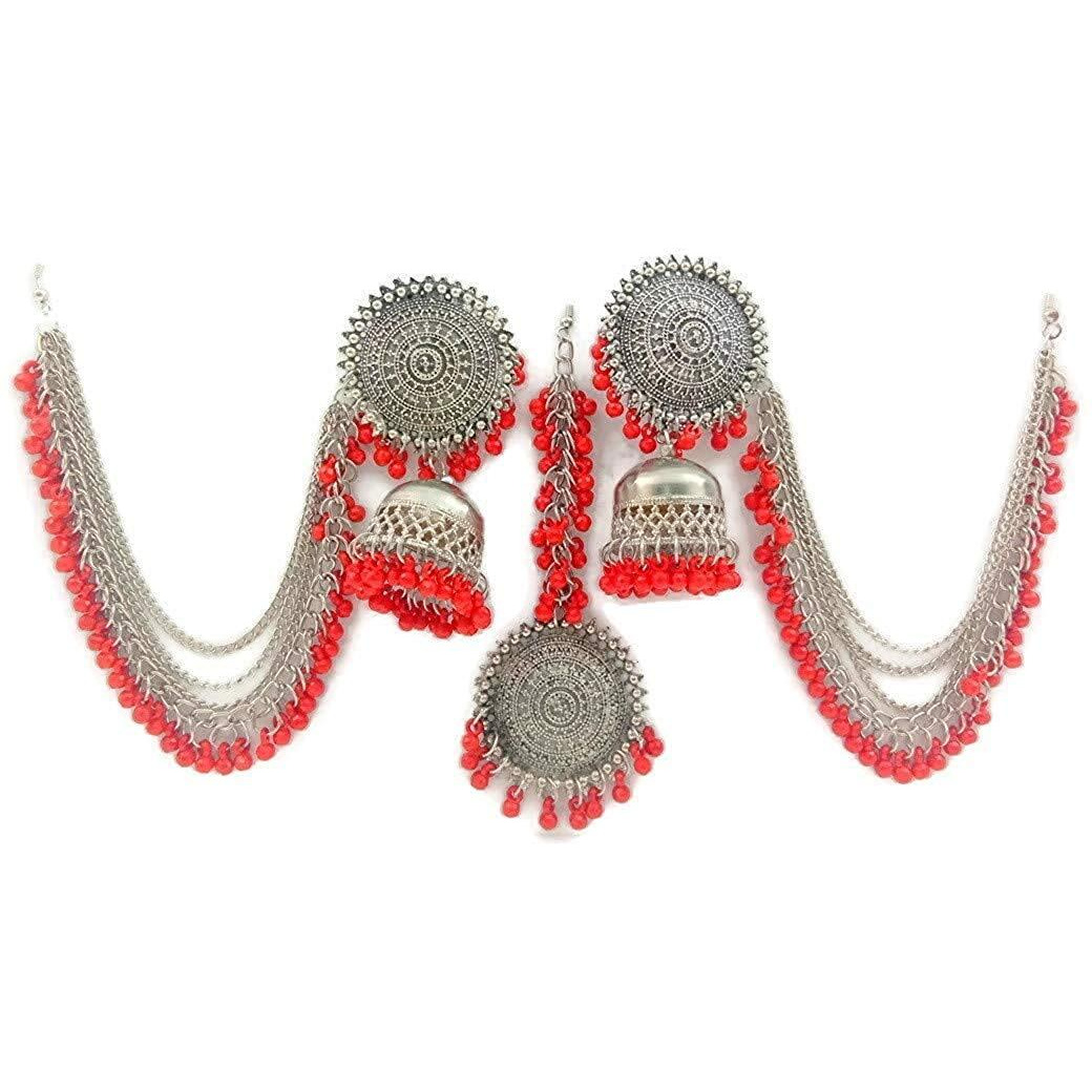Shining Diva Fashion Latest Oxidised Silver Antique Design Stylish Traditional Maang Tikka Jhumka Earrings Jewellery Set for Girls (Red) (12005s)
